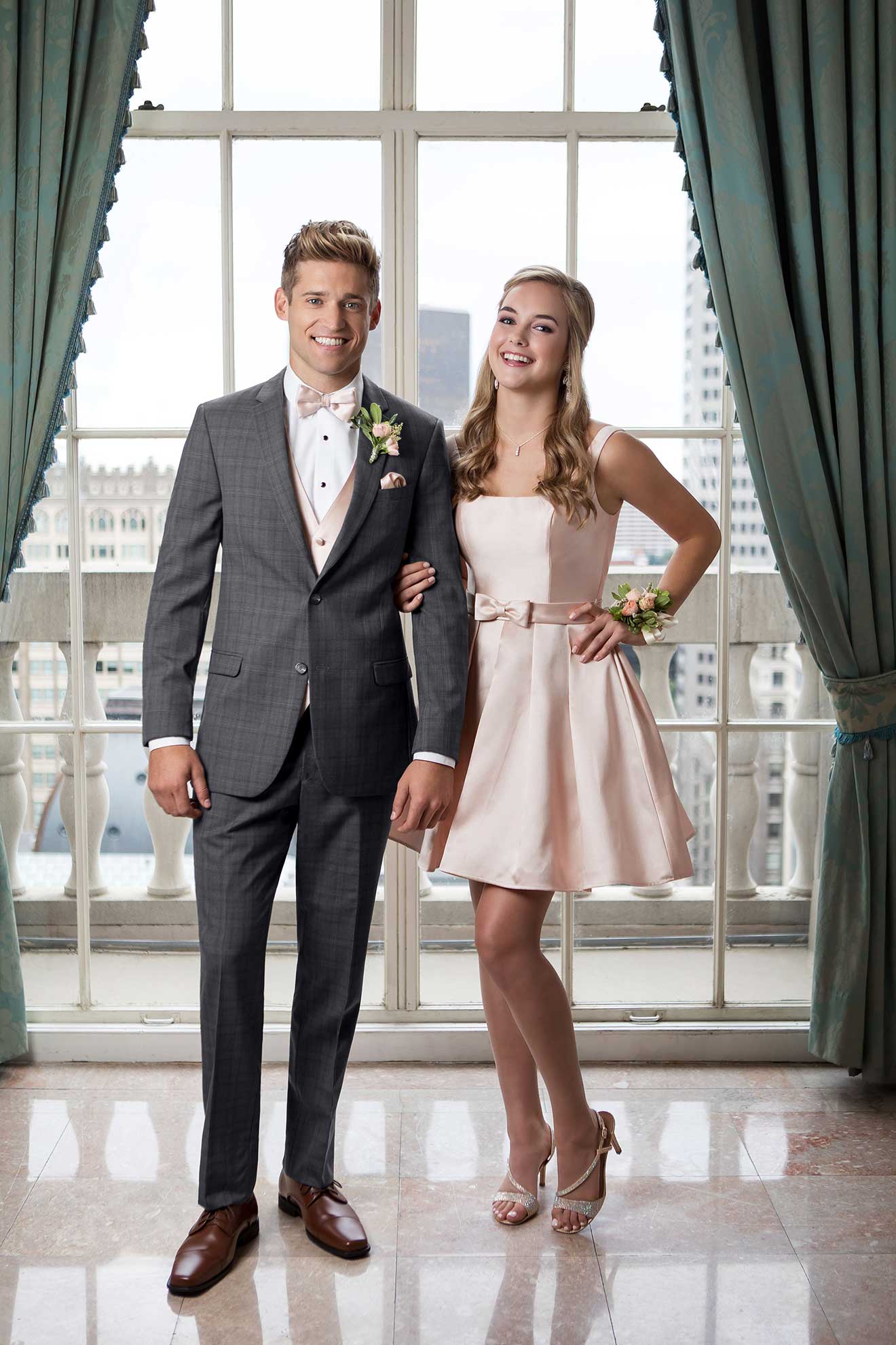 Grey plaid suit styled for prom