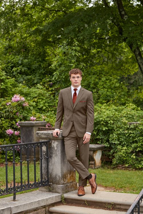 Ike Behar Brown Archer Suit with slim-fit tailoring and notch lapel