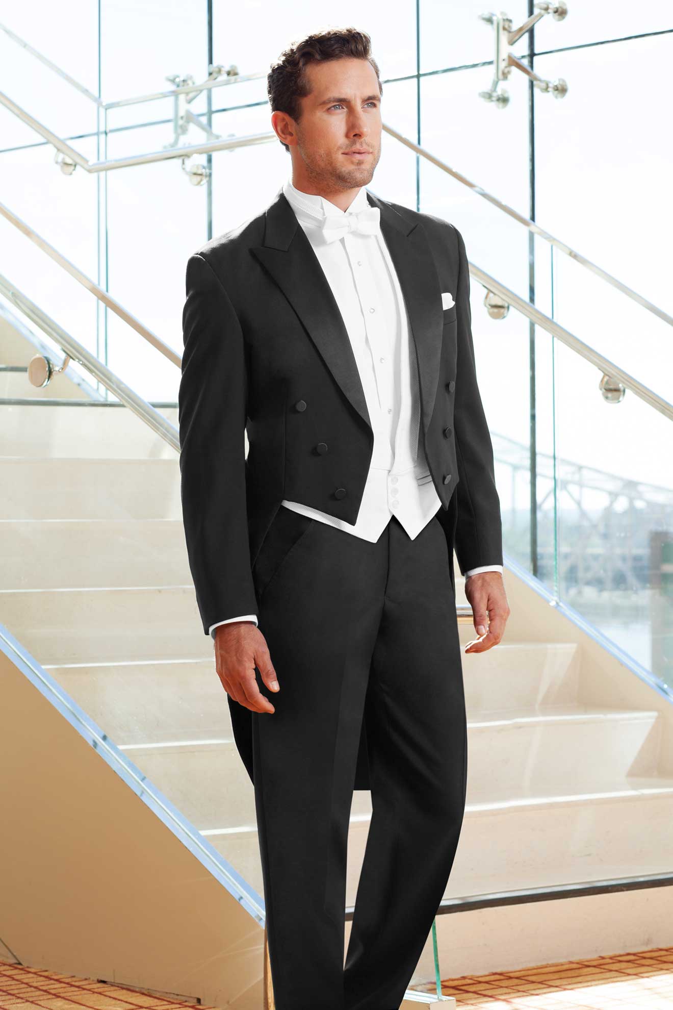 After Six Tails Tuxedo – Classic Peak Lapel Tailcoat for Black-Tie Events & Weddings.