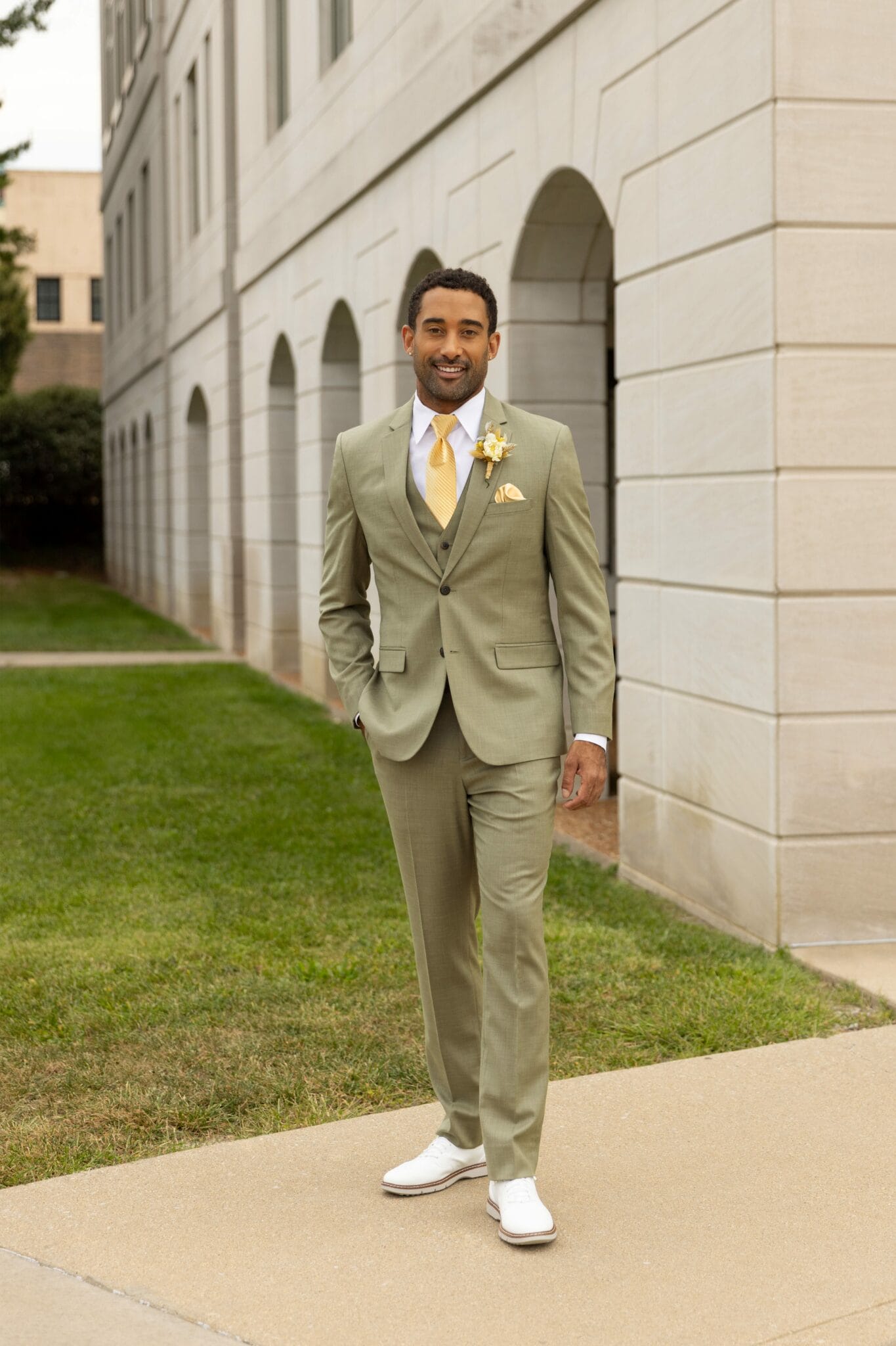 Oxford Sage Stretch Suit featuring a slim-fit design and notch lapel